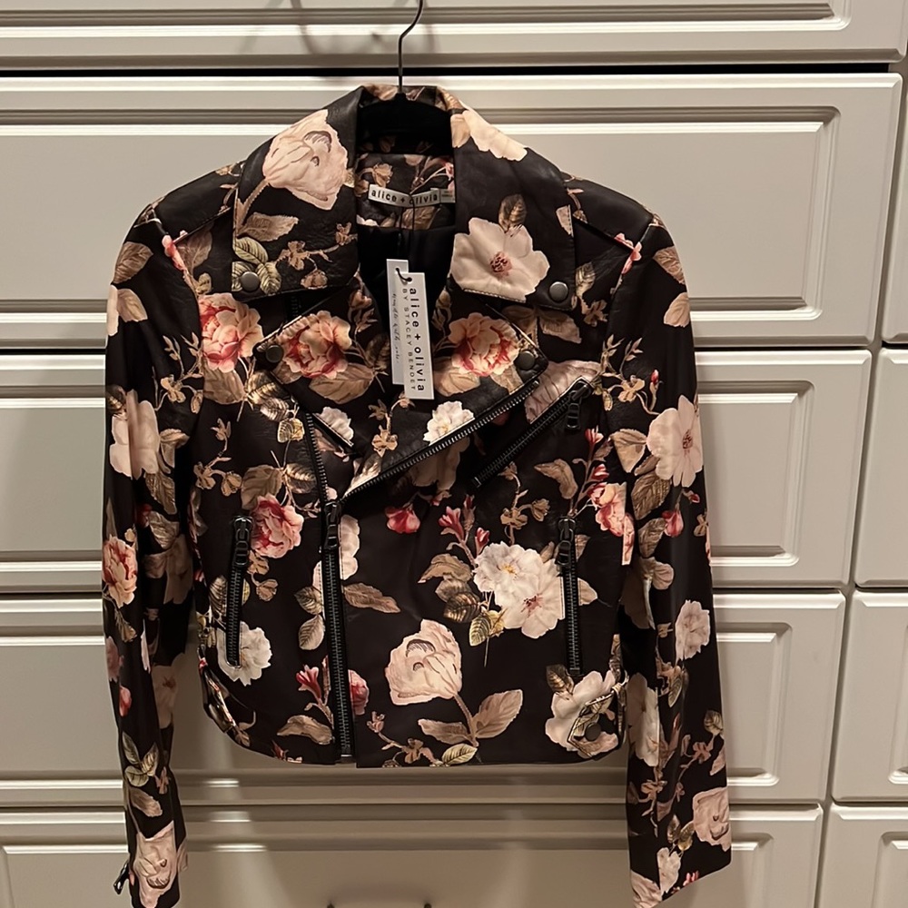 Alice + Olivia Black Hazy Floral Leather Jacket
